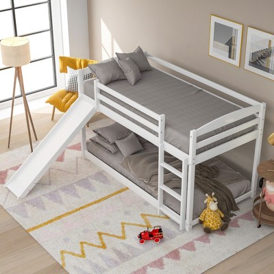 NicBex Twin Over Twin Pine Wood Floor Bunk Bed with Slide/Ladder & Guardrails,House Bed Frame for Kids Room,Bedroom