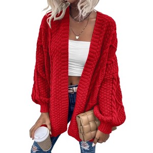 Imily Bela Womens Oversized Open Front Cable Knit Cardigan Sweaters Lantern Long Sleeve Chunky Outwear Coats - 1 of 4