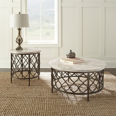 Roland Round White Stone Top Coffee Table with Bronze Metal Base