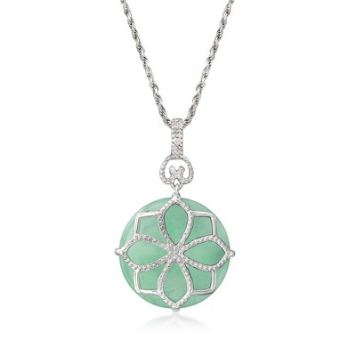 Ross-Simons Jade Flower Pendant Necklace in Sterling Silver Size