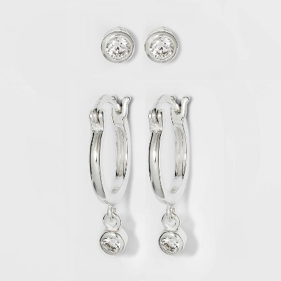 Sterling Silver Cubic Zirconia Hoop Stud Earring Set 2pc - A New Day™ Silver