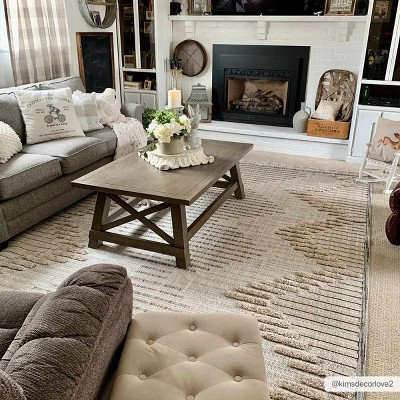 Gray and Cream Geometric High-Low Shag Rug 5'3" x 7'