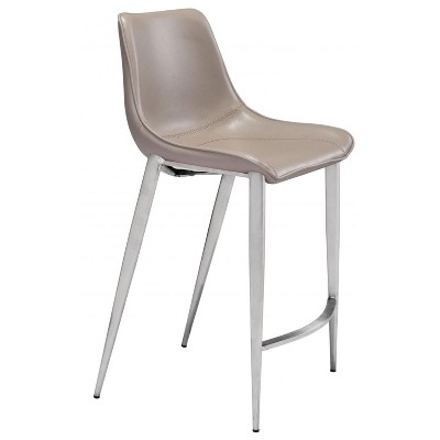Brushed Steel Frame Counter Stool, 39.8"H Brown Faux Leather Seat, Upholstery, Set of 2 By Zuo Modern