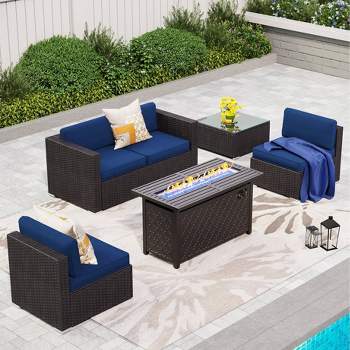6pc Steel & Wicker Outdoor Rectangular Fire Pit Set with Cushions Blue - Captiva Designs