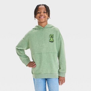 Boys' Minecraft Embroidered Mineral Wash Hooded Sweatshirt - Olive Green - 1 of 4