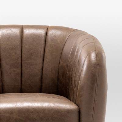 Brown Faux Leather Channel Barrel Chair with Metal Legs