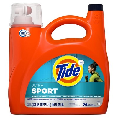 Tide Plus Febreze Sport Odor Defense Liquid Laundry Detergent, 105 fl oz, 74 Loads, HE Compatible
