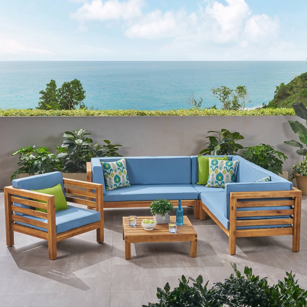 Oana 5pc Acacia Wood Sectional Sofa & Club Chair Set Teak Blue Christopher Knight Home