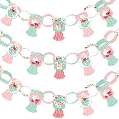 Big Dot of Happiness Floral Let's Par-Tea - 90 Chain Links and 30 Paper Tassels Decoration Kit - Garden Tea Party Paper Chains Garland - 21 feet