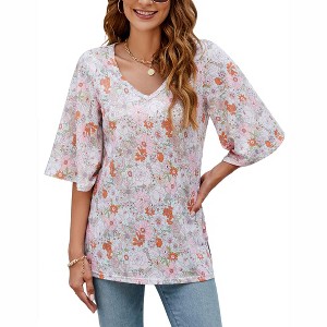 Clearlove Women's Blouse 3/4 Bell Sleeve Panel V Neck Floral Printed T- Shirts Loose Casual Tops - 1 of 4
