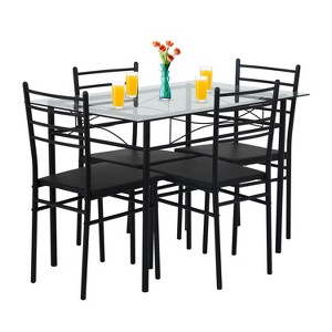 FDW 5 Piece Dining Table Set Modern Glass Top Dining Table with 4 Comfortable Chairs Sleek Black Metal Frame, Black - 1 of 4