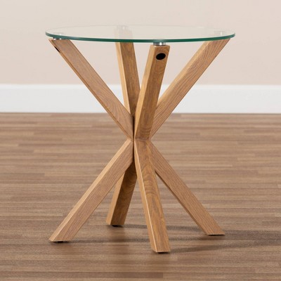 Round Glass and Wood End Table with Sculptural Base