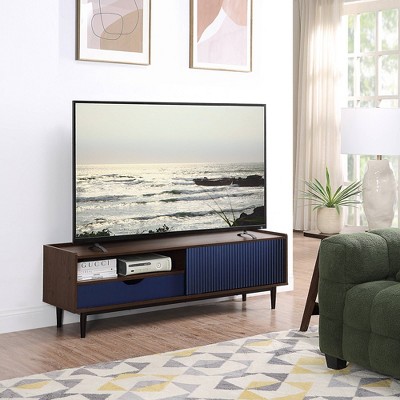 Duane Dark Brown and Navy Blue Ribbed TV Stand with Cabinet