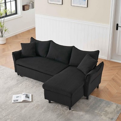 VYNXARIA 80-inch corduroy L-shaped sofa comes with two small throw pillows that can be converted into a sofa bed for storage