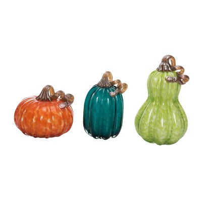 Transpac Bright Glass Pumpkins Set of 3 Decorative Objects Pumpkin Figurines in Multicolored Glass Fall Harvest Tabletop Decor Indoor Use Gift Giving