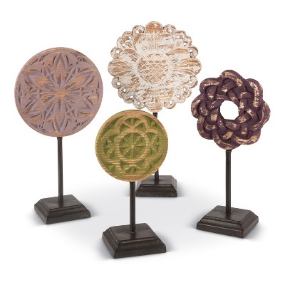 Lone Elm Studios Assorted Size and Color, Mandala Wood Flowers with Geometric Designs on Metal Stands (Set of 4)