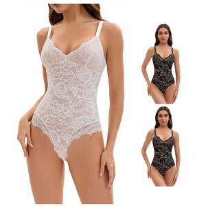 INSPIRE CHIC 3 Packs Women's V-Neck Tummy Control Bodysuit Sleeveless Floral Lace Leotard Body Shapers - 1 of 4