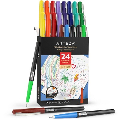 Arteza Permanent Markers Set, Rainbow, Ultra Fine Nib, 12 Assorted Colors - 24 Pack (ARTZ-4532)