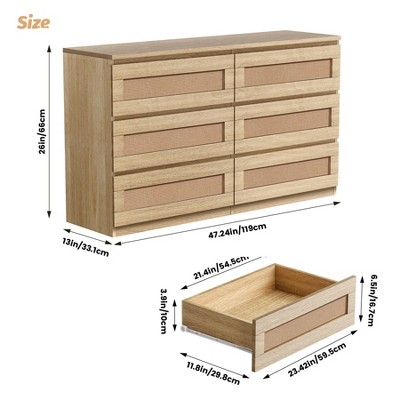 6 Drawer Double Dresser for Bedroom, Wide Chest of Drawers & Boho Dresser, Wooden Storage