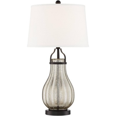 Franklin Iron Works Modern Farmhouse Table Lamp Oil Rubbed Bronze Fluted Mercury Glass White Drum Shade for Living Room Bedroom