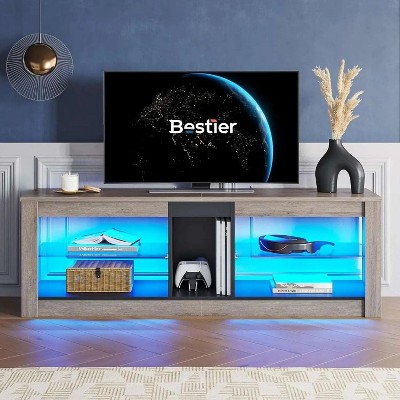 Black Marble 63-inch TV Stand with LED Lights and Glass Shelves