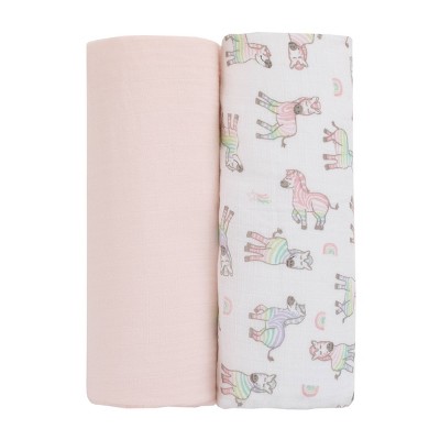 NoJo Rainbow Zebra 100% Cotton Muslin Swaddles - Pink - 2pk
