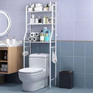 GustoWave Over The Toilet Storage Cabinet, Metal Bathroom Organizer with Paper Holder & Hooks, No Drill Floor Standing, Space Saver, White - 1 of 4