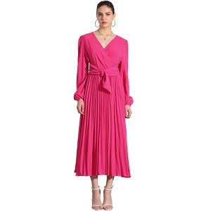 Allegra K Women's Elegant Pleated Cross V Neck Puff Sleeve Tie Waist A-Line Dress - 1 of 4