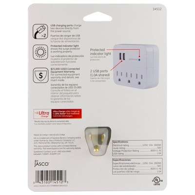 GE 3 Outlet 2 USB Port Surge Protector Tap 560 White_3