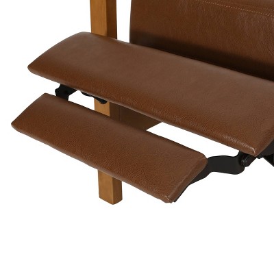 Munro Cognac Brown Faux Leather Recliner with Teak Wood Frame