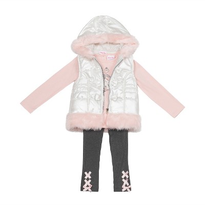 Little Lass Girls 3 Piece Puffer Vest Set, Ivory, Ivory/Potpourri
