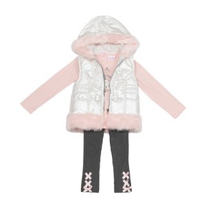 Little Lass Infant Girls' 3 Piece Puffer Vest Set, Ivory/Potpourri - 1 of 4