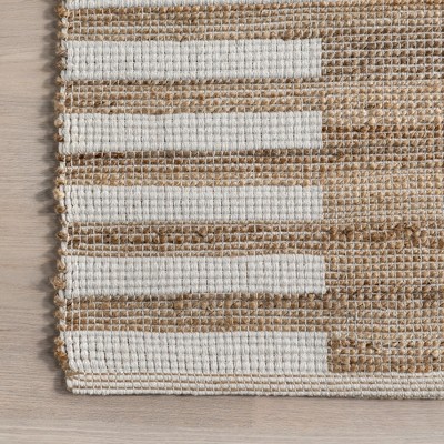 Natural Tan and White Striped Cotton Jute Rug, 4' x 6'