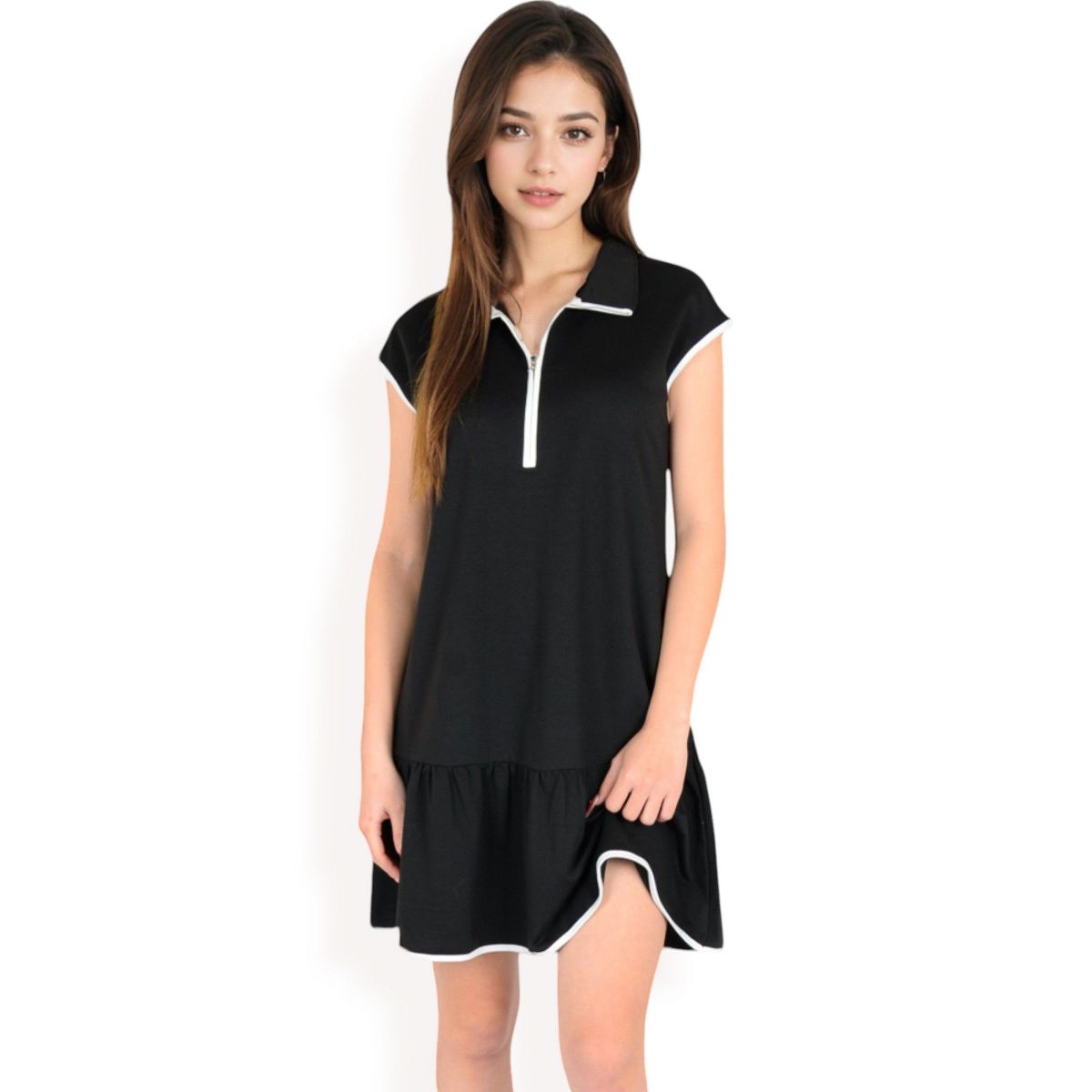 Anna-Kaci Women's Zip-Up Collared Dress with Ruffle Hem