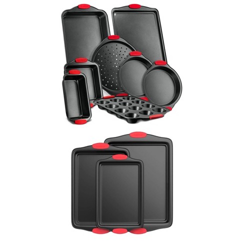 NutriChef 10-Piece Non-Stick Kitchen Oven Baking Pans - Steel Bakeware Set  with Red Silicone Handles