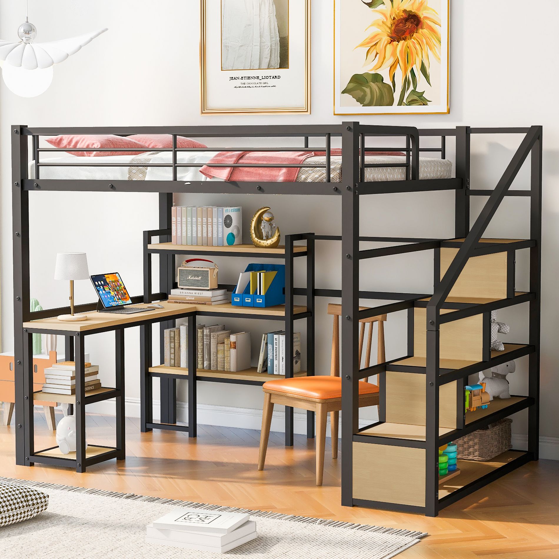 Whisen Full Size Metal Loft bed with Staircase and Built-in Desk and Shelves - Black