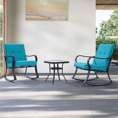 Sonkuki 3-Piece Rocking Chair Patio Bistro Set with Tempered Glass Table