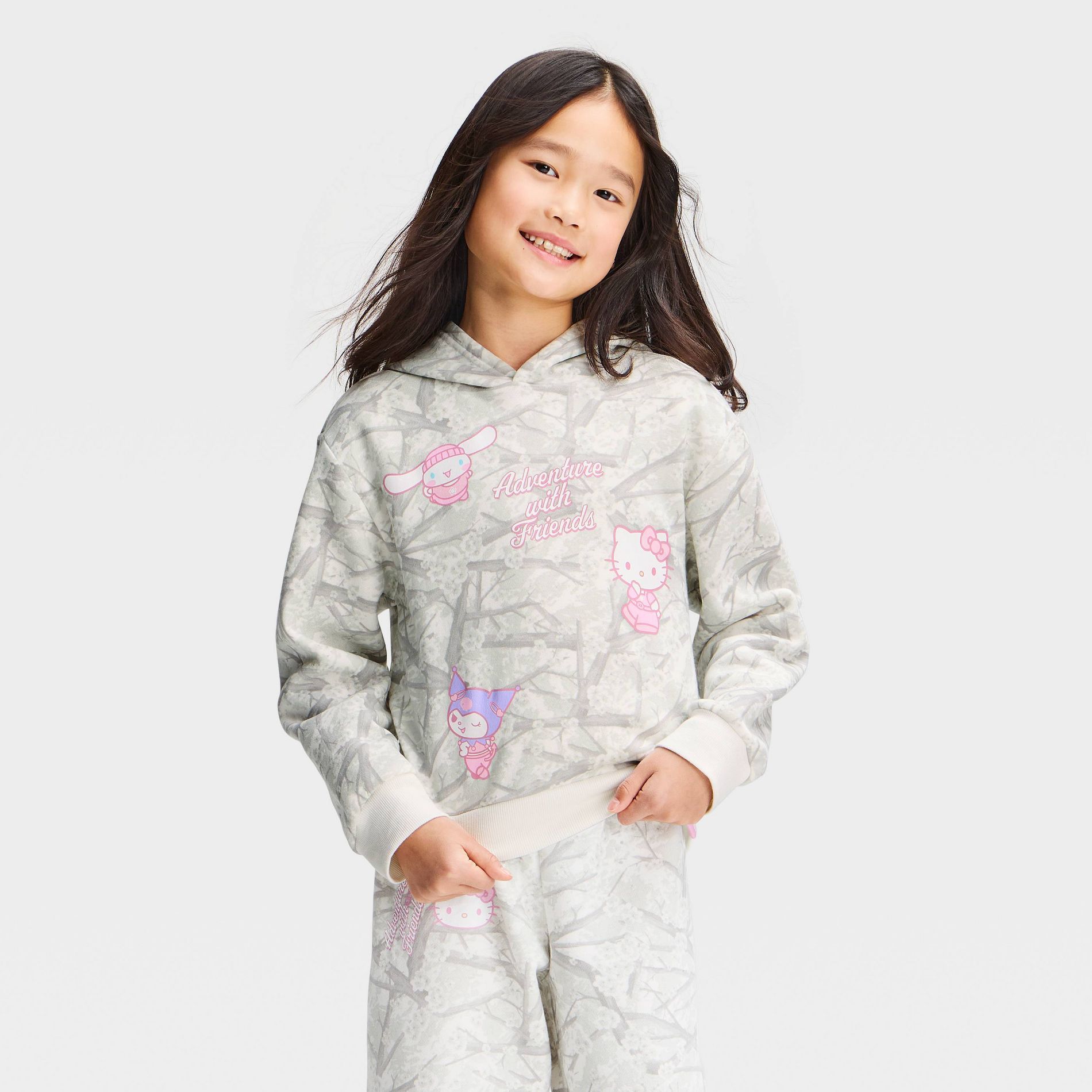 Girls' Hello Kitty Cherry Blossom Camo Fleece Hooded Front and Back Graphic Sweatshirt - White