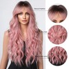 Pink Long Wavy Wigs with Bangs Synthetic Dark Roots Wigs for Women Natural Wave Fake Hair Heat Resistant Cosplay Party Use Wig - 3 of 4