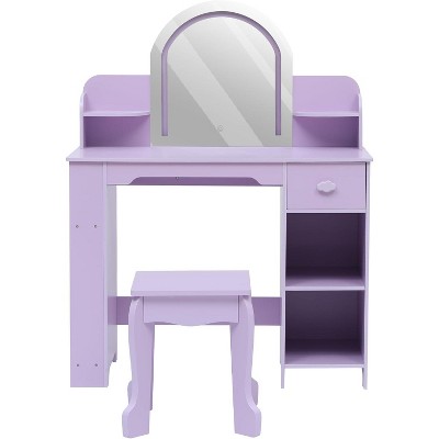 Kids Vanity with Lighted Mirror & Stool, Little Girls Vanity with Adjustable LED Light, Bookshelf, Storage Drawer & Shelves for Girls