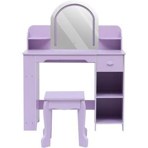 Kids Vanity with Lighted Mirror & Stool, Little Girls Vanity with Adjustable LED Light, Bookshelf, Storage Drawer & Shelves for Girls - 1 of 4