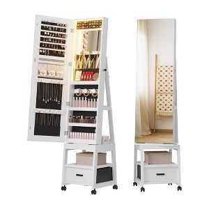 LED Mirror Jewelry Cabinet, 360° Swivel Frameless Full-Length Mirror 66 Inch Tall Standing Lockable Jewelry Armoire Organizer, Foldable Makeup Shelf - 1 of 4