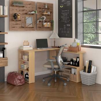 L Shaped Corner Desk, 360 Degree Rotating Home Office Desk with Storage Shelves, Writing Table Workstation-The Pop Home