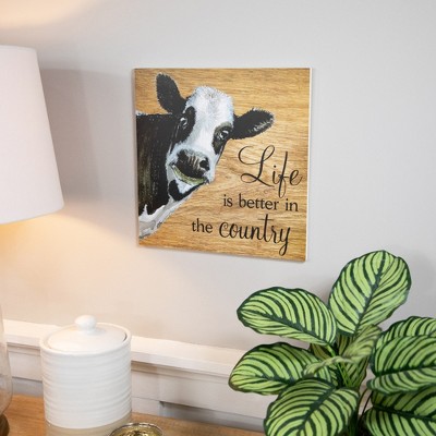 Rustic Light Brown Wood Country Wall Sign with Cow Illustration