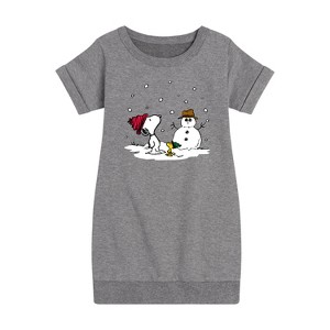- Peanuts - Snoopy Woodstock Snowman Graphic Short Sleeve Fleece Dress - 1 of 4