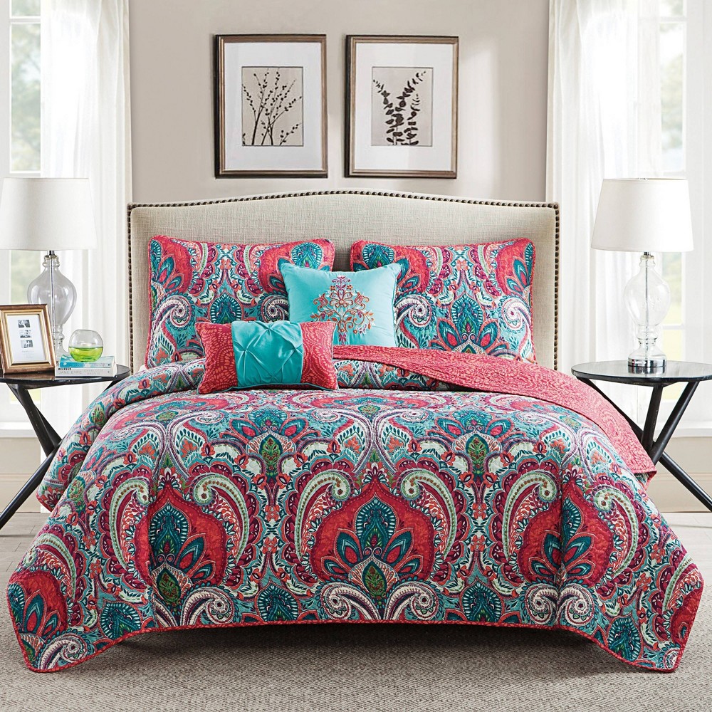 Photos - Bed Linen 5pc King Casa Re`al Reversible Quilt Set Red/Blue/Green - VCNY: Hypoallergenic Microfiber, Bohemian Style