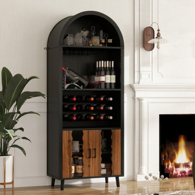 PDTEND 71" Farmhouse Arched Bar Cabinet with Wine Rack & Glass Holder, for Living Room & Dining Room