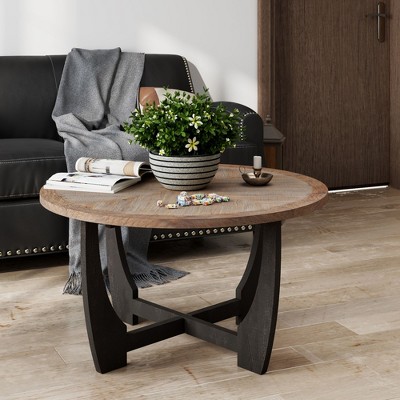 JIONJOY French Country Round Coffee Table - Rustic Farmhouse Style with Crisscross Base and Lower Shelf for Living Room