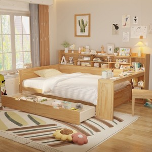 Sapphtopaz Daybed Bed Frame for Kids with 2 Storage Drawers Wood Bed Frame with Storage Shelves and Study Desk for Children's Room - 1 of 4