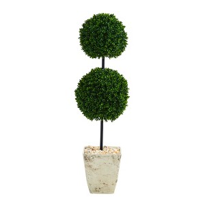 Nearly Natural 4-ft Boxwood Double Ball Artificial Topiary Tree in Country White Planter UV Resistant (Indoor/Outdoor) - 1 of 4